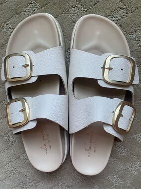 Nicole Miller Cream Double-Buckle Slide Sandals